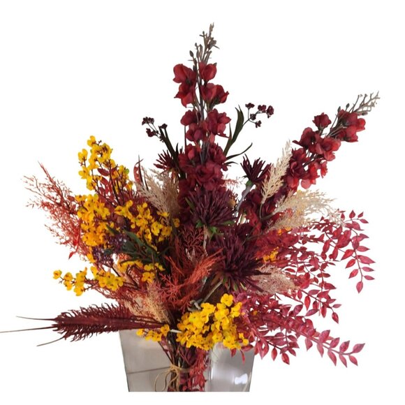 Hand Tied Artificial Flower Bouquet With Dark Reds and Yellow Wildflower mixture - Picture 11 of 13